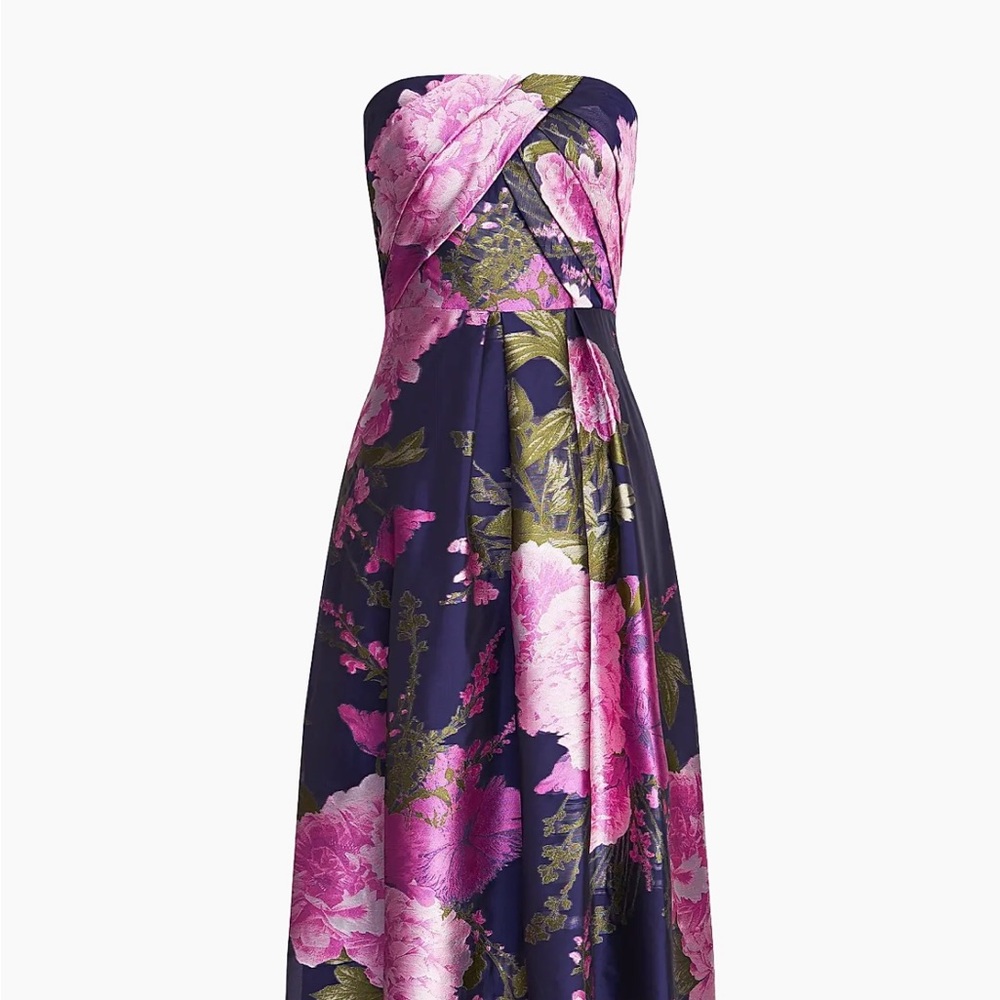 Kay Unger Strapless Gown in Pink and Navy Floral - pockets!
